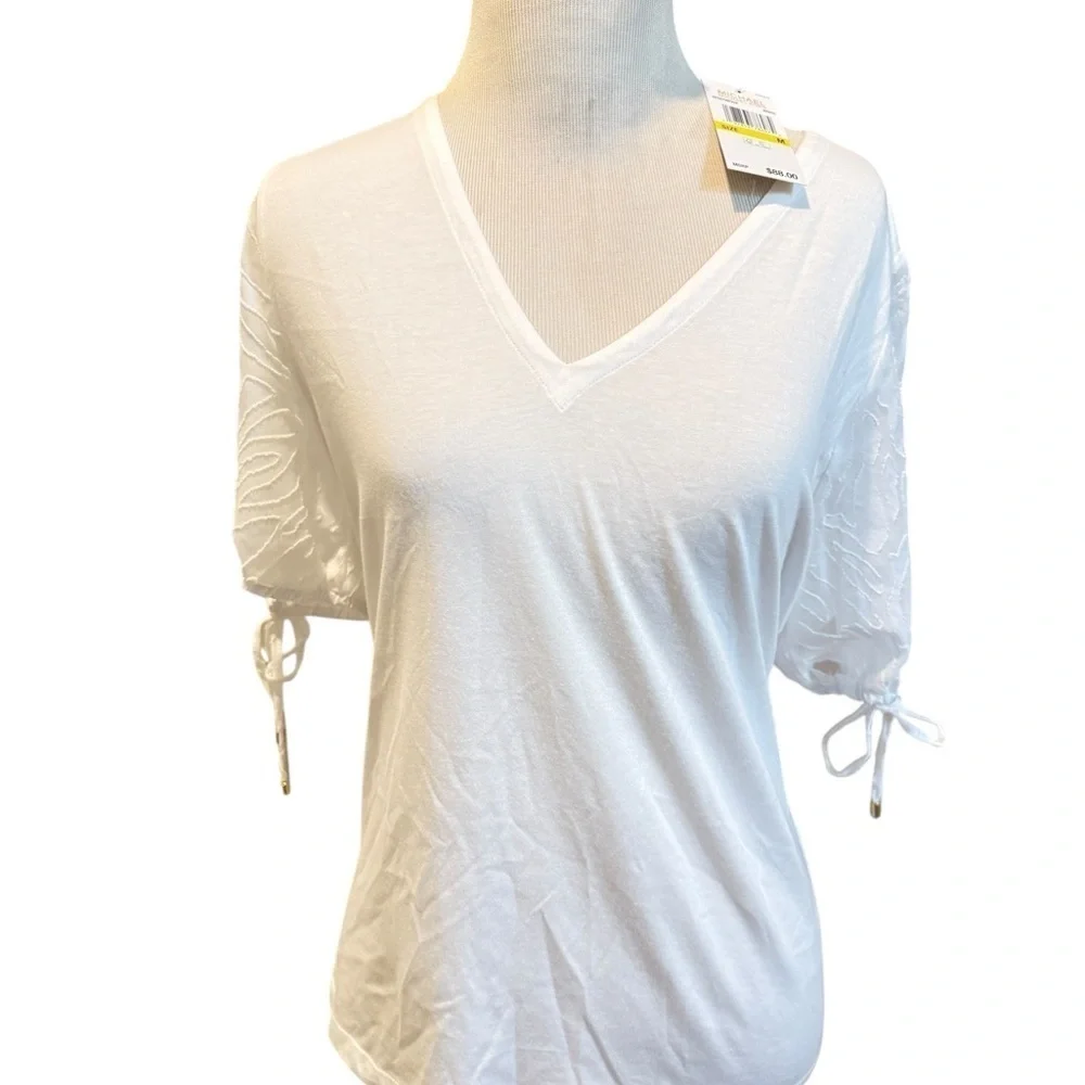 Michael Kors White V-Neck Blouse with Tie Sleeves